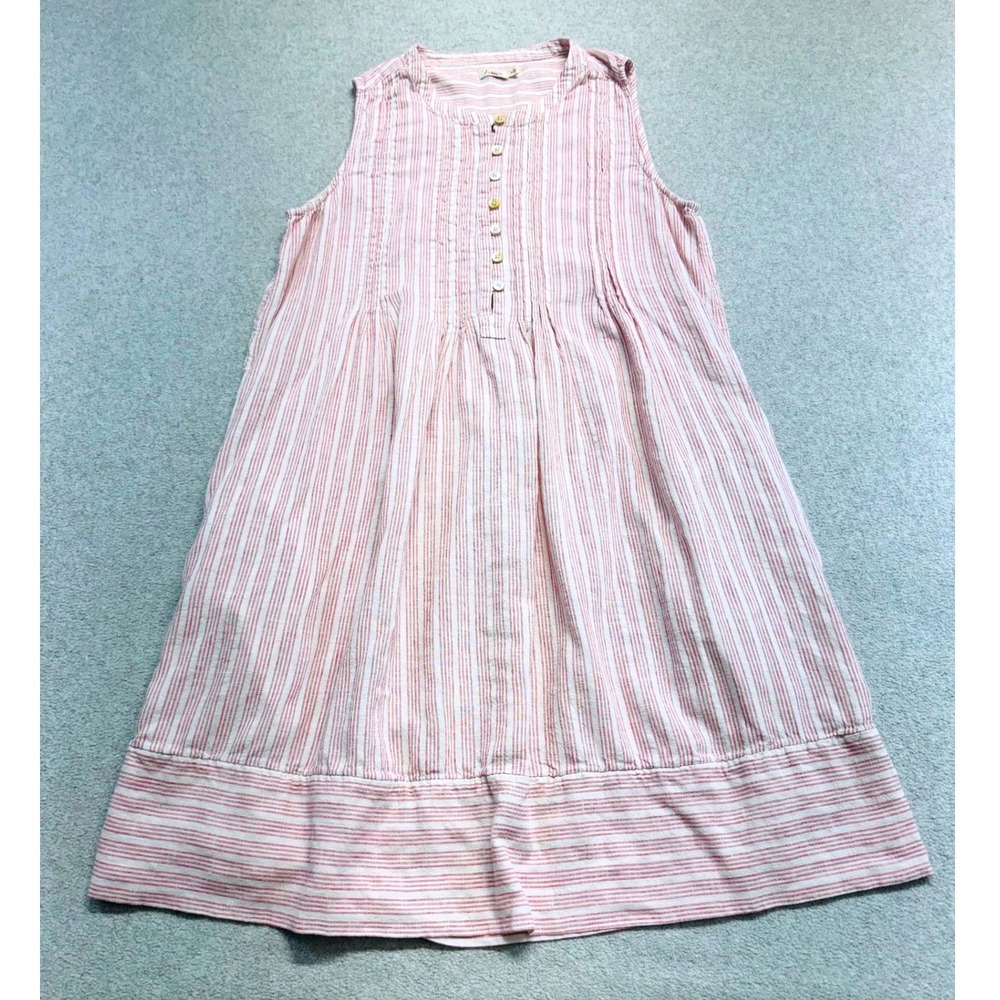 Faherty Striped Linen Blend Dress Womens M Red White Pintuck Henley Sleeveless